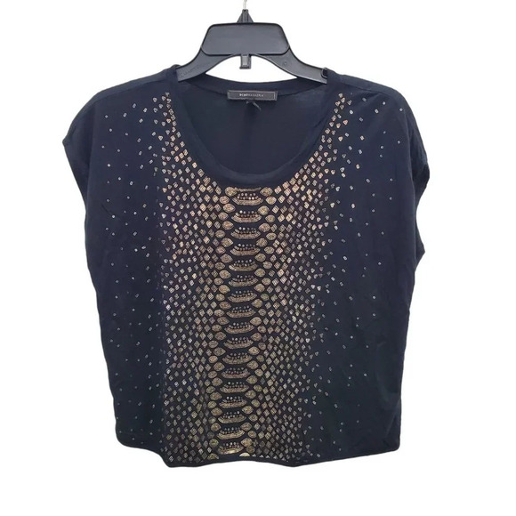 BCBGMaxAzria Women's Claire Black Gold Sequin Front Boxy Modal Dolman Top Sz‎ XS - Picture 1 of 5